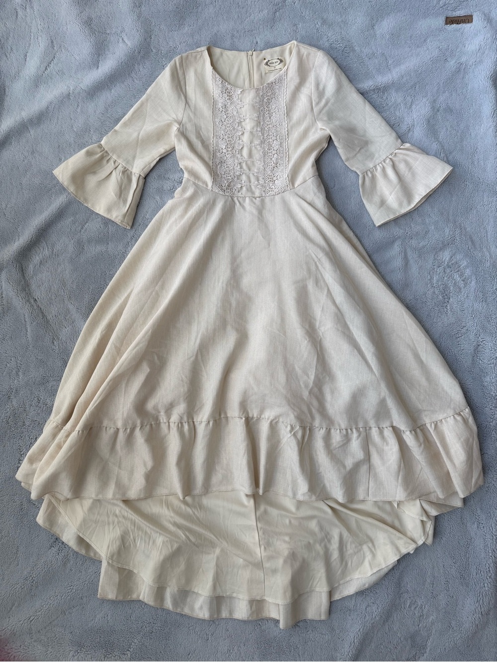 Joyfolie Cream Lace-Front Ruffle Hem Dress